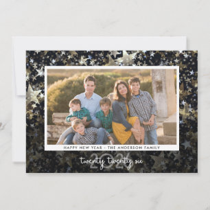 Tarjeta Festiva Foto de Año Nuevo con Estrellas y Confeti