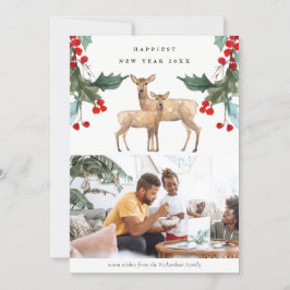 TARJETA FESTIVA FOTO DE AÑO NUEVO DE RED GREEN HOLLY BERRY DEER DU