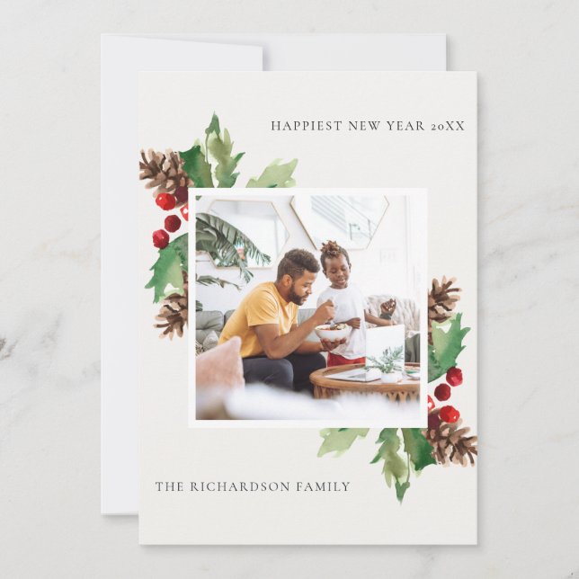 TARJETA FESTIVA FOTO DE AÑO NUEVO DE RED GREEN HOLLY BERRY PINE CO (Anverso)