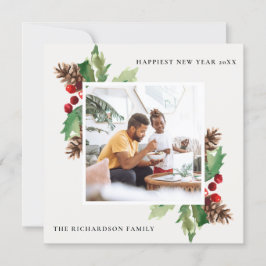 TARJETA FESTIVA FOTO DE AÑO NUEVO DE RED GREEN HOLLY BERRY PINE CO