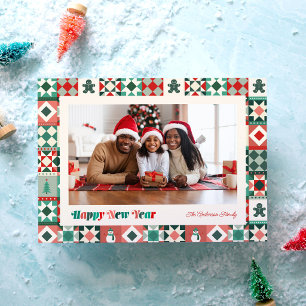 Tarjeta Festiva Foto de Año Nuevo en Patchwork Rojo y Verde