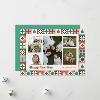 Tarjeta Festiva Foto de Año Nuevo en Patchwork Rojo y Verde