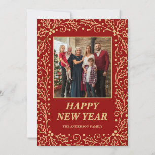 Tarjeta Festiva Foto de Año Nuevo familiar en rojo y dorado antigu