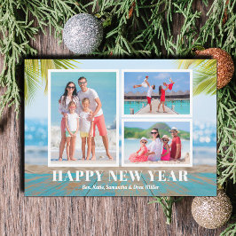 Tarjeta Festiva Foto de Año Nuevo Feliz en Playa Tropical