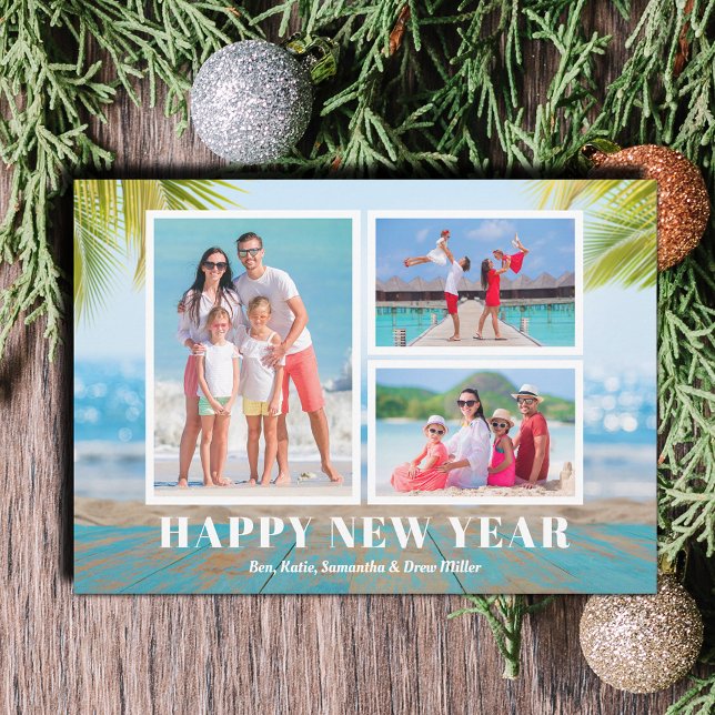 Tarjeta Festiva Foto de Año Nuevo Feliz en Playa Tropical (Tropical Beach Happy New Year Photo Holiday Cards - Order INSTANT DOWNLOAD and/or PRINTED or both!)