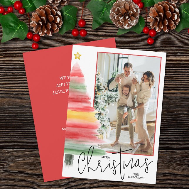 Tarjeta Festiva Foto de árbol navideño acuático (Striped watercolor Christmas tree photo holiday cards feature your greeting on the back)