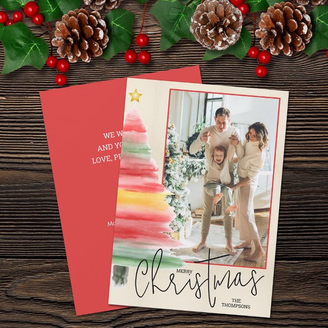 Tarjeta Festiva Foto de árbol navideño acuático (Striped watercolor Christmas tree photo holiday cards feature your greeting on the back)