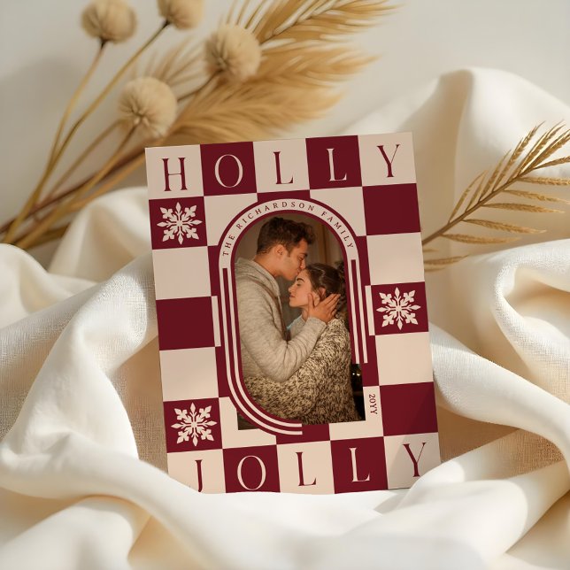Tarjeta Festiva Foto de Arco de Navidades de Holly Jolly Retro Che (Holly Jolly Retro Checker Christmas Arch Photo Holiday Card)