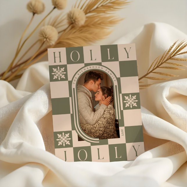 Tarjeta Festiva Foto de Arco de Navidades de Holly Jolly Retro Che (Holly Jolly Retro Checker Christmas Arch Photo Holiday Card)