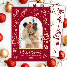 Tarjeta Festiva Foto de Arco Dibujado a Mano Rojo y Dorado Feliz N