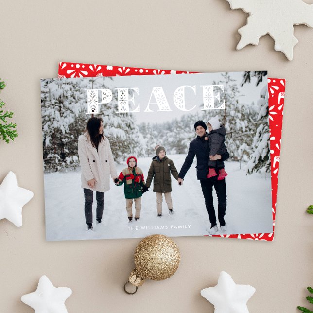 Tarjeta Festiva Foto de arte popular de White Peace Scandi (white Swedish folk art style PEACE Christmas full-bleed photo holiday card)