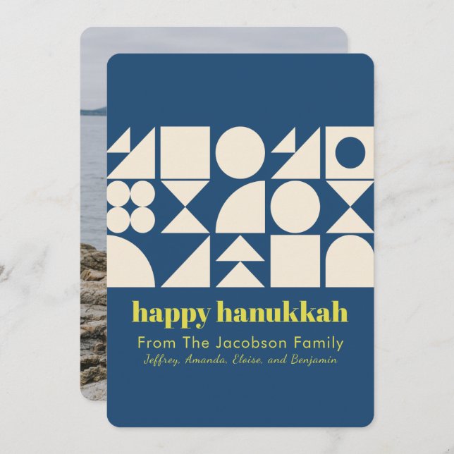 Tarjeta Festiva Foto de atrás geométrica azul de Hanukkah moderna (Anverso / Reverso)