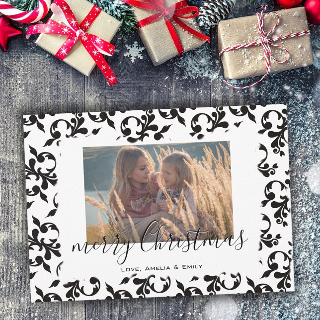 Tarjeta Festiva Foto de Black White Rococo Merry Christmas (Subido por el creador)