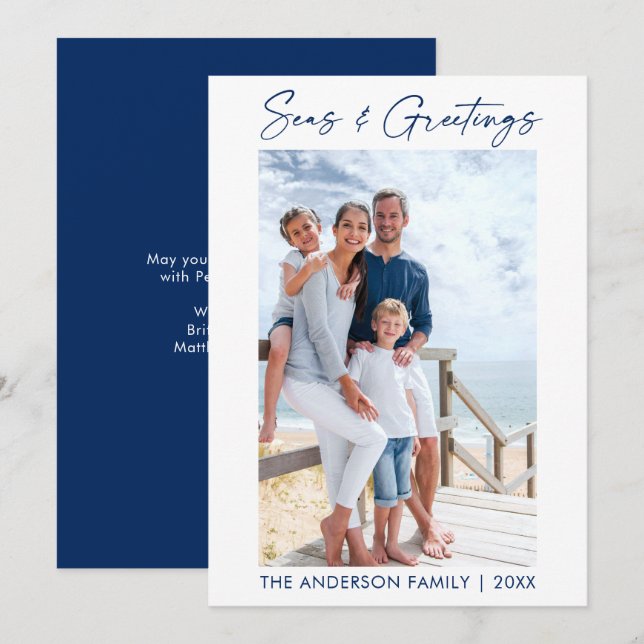 Tarjeta Festiva Foto de Blue Calligraphy Ink Seas and Greetings (Anverso / Reverso)