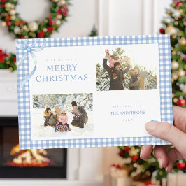 Tarjeta Festiva Foto de Blue Gingham Plaid Two