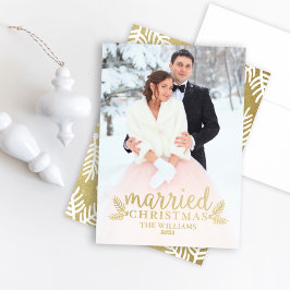 Tarjeta Festiva Foto de Boda de Navidades casados con oro moderno