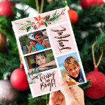 Tarjeta Festiva Foto de Boho Joyful Merry y Navidades brillantes<br><div class="desc">Moderna tarjeta de vacaciones de color rosa rosa oscuro con 3 fotos colgantes con flores acuarelas de temporada para Navidades, ramo con una flor de poinsettia de terracota de ladrillo rojo, una pinecona, azaditas de abeto verde para cazadores de sabios, bayas rojas y follaje con escritura a mano con letras...</div>