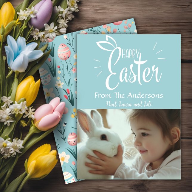 Tarjeta Festiva Foto de bonito Pastel Happy Easter Personalizado (Pretty Pastel Happy Easter Custom Photo Holiday Card)