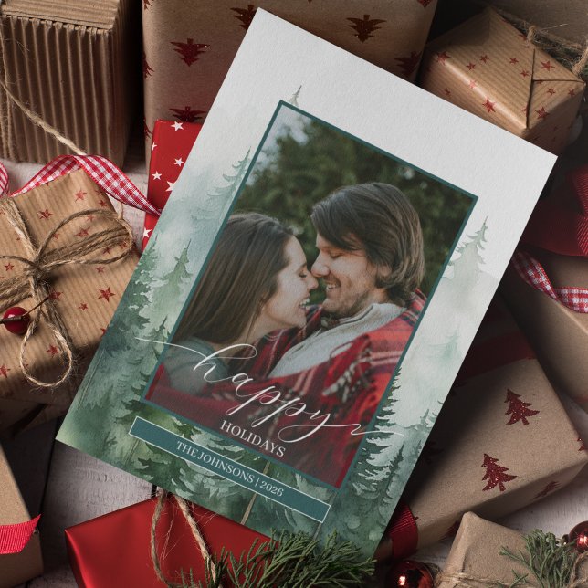 Tarjeta Festiva Foto de bosque de pinos (Pine Forest Whimsical Photo Holiday Card)