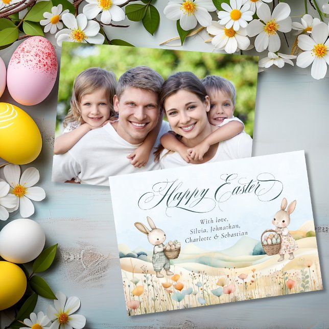 Tarjeta Festiva Foto de Bunny Happy Easter Watercolor (Personalized Happy Easter Watercolor Bunny Photo Holiday Card)