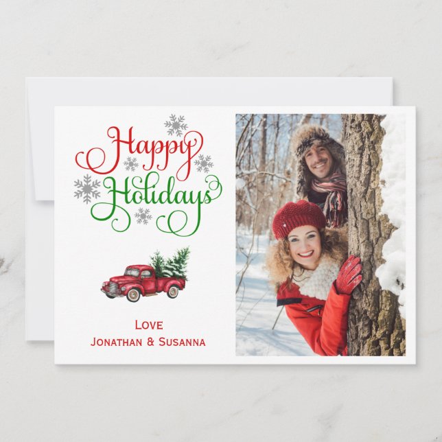 Tarjeta Festiva Foto de Camión Rojo de Navidades Cute (Anverso)