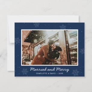 Tarjeta Festiva Foto de casados y alegres en azul
