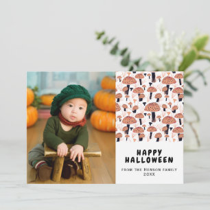 Tarjeta Festiva Foto de champiñón naranja de Halloween feliz