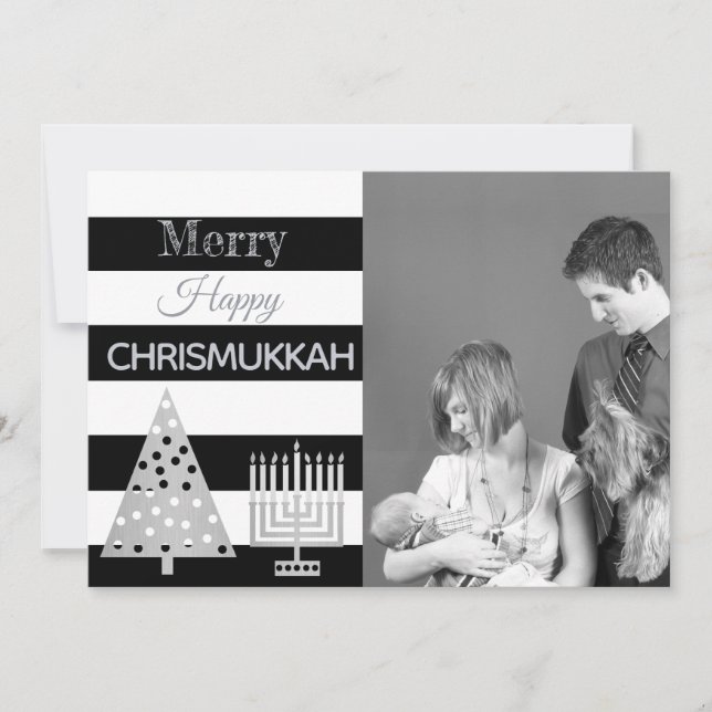 Tarjeta Festiva Foto De Chrismukkah Tiras Blancas Y Negras Plata (Anverso)
