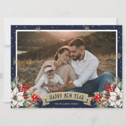 Tarjeta Festiva Foto de copo de nieve botánico azul Feliz Año Nuev