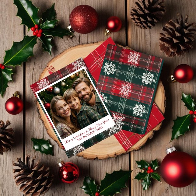 Tarjeta Festiva Foto de copos de nieve clásicos de la época modern (Modern Vintage Classic Snowflakes photo Holiday Card)