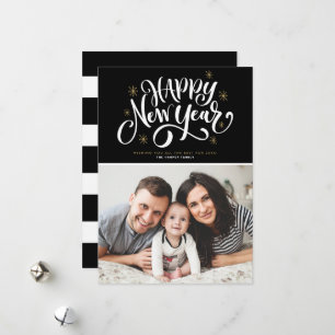 Tarjeta Festiva Foto de copos de nieve de Feliz Año Nuevo en negro