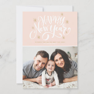 Tarjeta Festiva Foto de copos de nieve Feliz Año Nuevo con rubor y