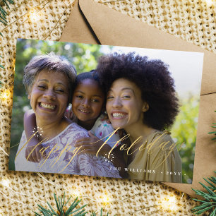 Tarjeta Festiva Foto de copos de nieve Gold Happy Holidays