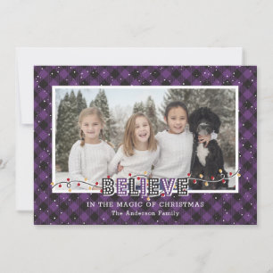 Tarjeta Festiva Foto de creencia de nieve en morado con incrustaci