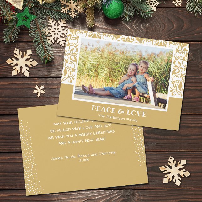 Tarjeta Festiva Foto de Damask Gold y White Navidades (Gold and white damask design Christmas photo holiday cards, PRINTED and/or INSTANT DOWNLOAD)