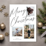 Tarjeta Festiva Foto de escritura navideña Black and White Merry<br><div class="desc">Esta informal,  aunque elegante,  tarjeta de festividad fotográfica,  presenta tres fotos y dice "Feliz Navidad" en un tipo de letra de escritura negra.</div>