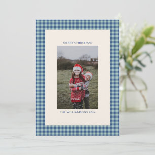 Tarjeta Festiva Foto de familia adorable con gingham azul turquesa