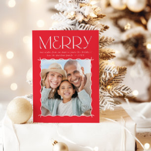 Tarjeta Festiva FOTO DE FAMILIA ALEGRE borde ondulado moderno rojo