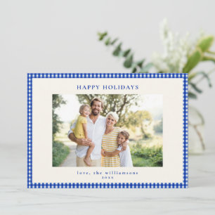 Tarjeta Festiva Foto de familia con borde de cuadro de gingham azu