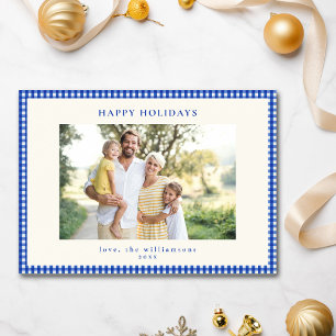 Tarjeta Festiva Foto de familia con borde de cuadro de gingham azu