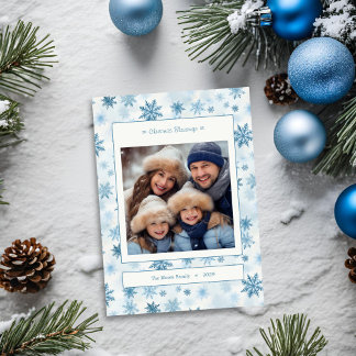 Tarjeta Festiva Foto de familia con copos de nieve azules y acuare