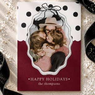 Tarjeta Festiva Foto de familia con lazo de lunares negro y borgoñ