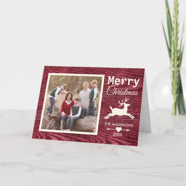 Tarjeta Festiva Foto de familia de Navidades de renos de maderas r (Anverso)