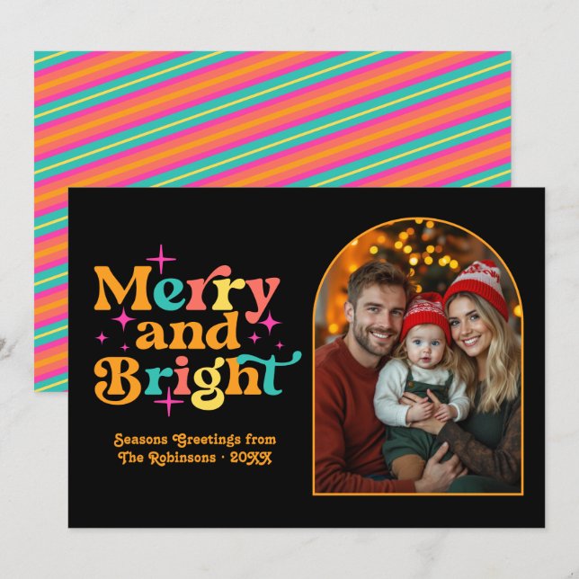 Tarjeta Festiva Foto de familia de Navidades Tropical Sunset Retro (Anverso / Reverso)