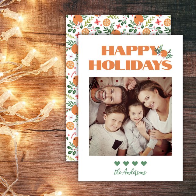 Tarjeta Festiva Foto de familia de Navidades verdes Naranjas moder (Christmas Orange Green Modern Family Photo Happy Holiday Card)