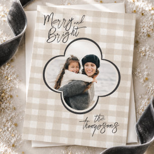 Tarjeta Festiva Foto de familia elegante en gingham neutral con cu