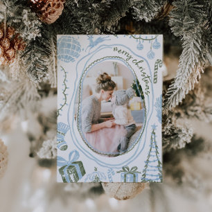 Tarjeta Festiva Foto de familia en acuarela azul vintage de Navida