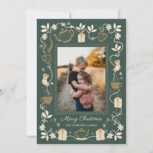 Tarjeta Festiva Foto de familia navideña acogedora con té, regalos