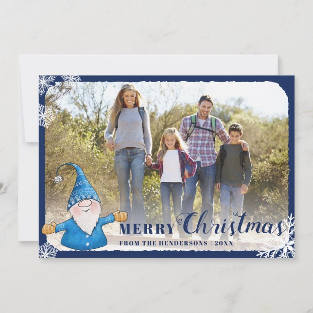 Tarjeta Festiva Foto de familia personalizado Gnome Blue Merry Chr (Anverso)