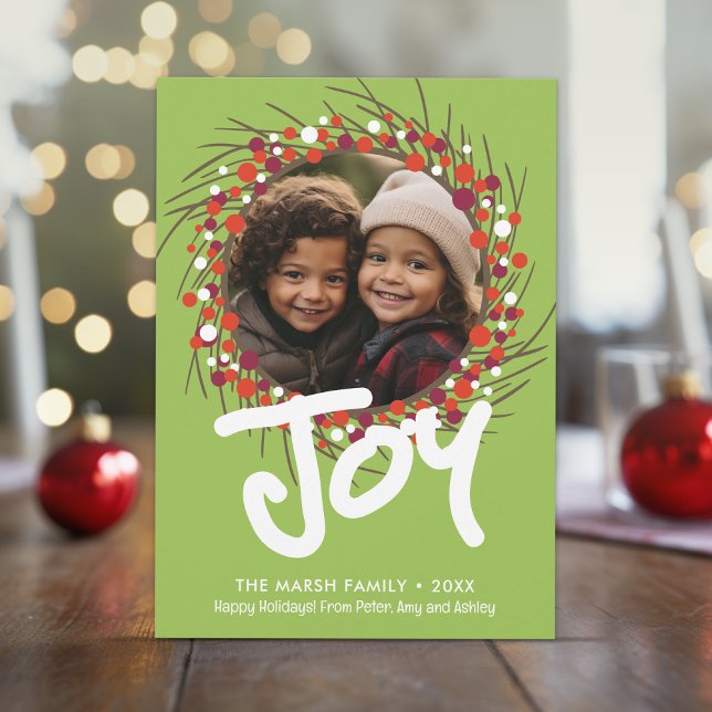 Tarjeta Festiva Foto de Farmhouse Berry Wreath - Joy Red Green (Unique online Christmas Card with 1 photo and a whimsical wreath border)